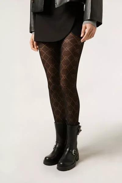 Diamond-Patterned Cashmere Tights, Black, 5501_5400, large image number 1