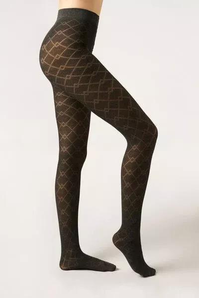 Diamond-Patterned Cashmere Tights, Grey, 5501_5433, large image number 0
