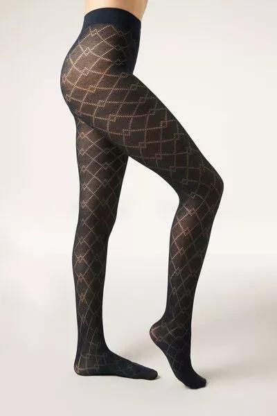 Diamond-Patterned Cashmere Tights, Navy, 5501_5491, large image number 0