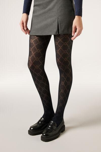 Diamond-Patterned Cashmere Tights, Navy, 5501_5491, large image number 1