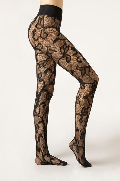 Macro Floral Fishnet Tights, Black, 5501_5493, large image number 1