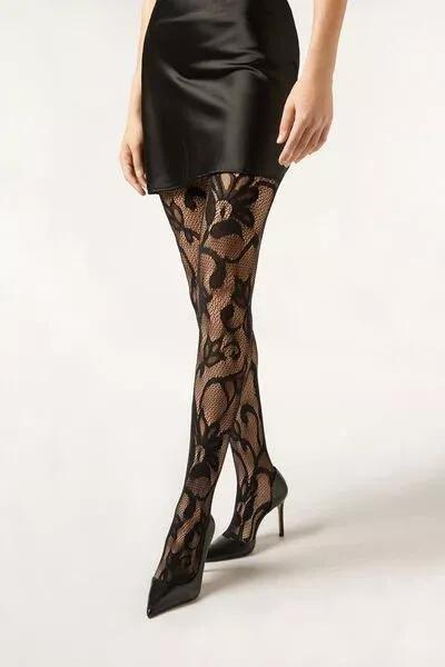 Macro Floral Fishnet Tights, Black, 5501_5493, large image number 2