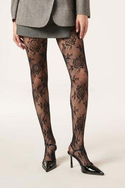 Floral-Patterned Fishnet Tights, Black Fishnet Flowers, Black Fishnet Flowers, large image number 0
