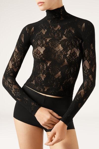 Black Floral Patterned Lace Top, 5501_5497, large image number 0