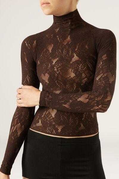 Brown Floral Patterned Lace Top, 5501_5498, medium