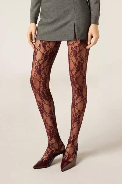 Lace And Diamante Tights, Burgundy, 5501_126F, large image number 1