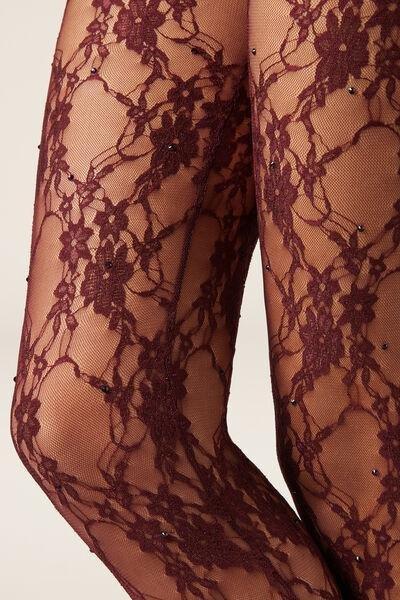 Lace And Diamante Tights, Burgundy, 5501_126F, large image number 2