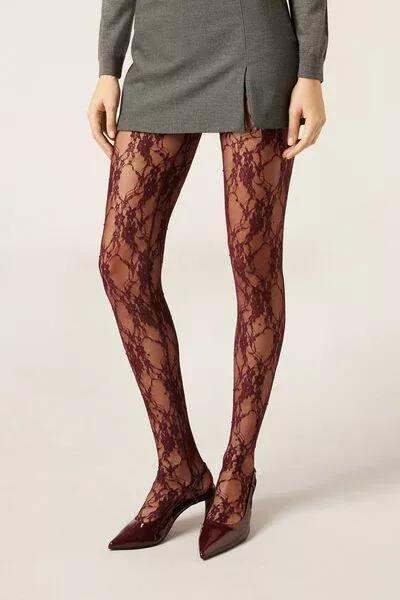 Lace And Diamante Tights, Burgundy, 5501_126F, large image number 3