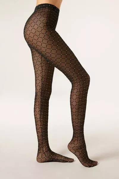 Glitter Flock Diamond-Patterned Tights, Black/Gold, 5501_093F, large image number 0