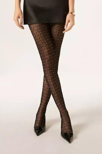 Glitter Flock Diamond-Patterned Tights, Black/Gold, 5501_093F, large image number 1