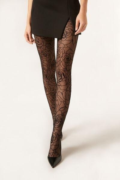 Flock Rose Tulle Tights, Black, 5501_094F, large image number 0