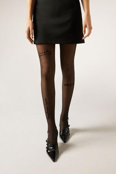 30 Denier Positive Vibes Lettering Sheer Tights, Black, Black, large image number 0