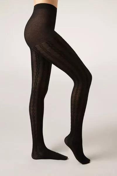Cable Pattern Cashmere Tights, Black, Ch-Braids Black, large image number 0