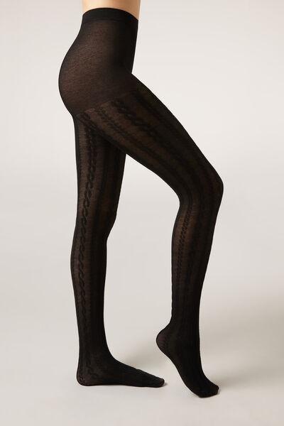 Cable Pattern Cashmere Tights, Black, Ch-Braids Black, large image number 1