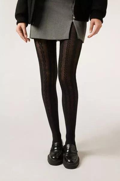 Cable Pattern Cashmere Tights, Black, Ch-Braids Black, large image number 2
