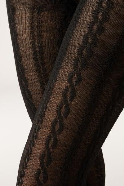 Cable Pattern Cashmere Tights, Black, Ch-Braids Black, large image number 3