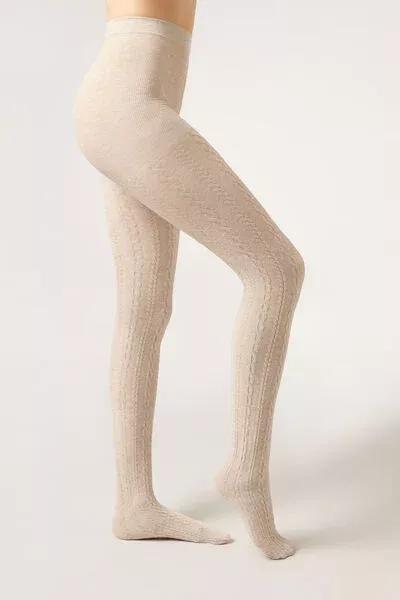 Raised Cable Pattern Cashmere Tights, Cream, Ch-Braids Natural Mel., large image number 0