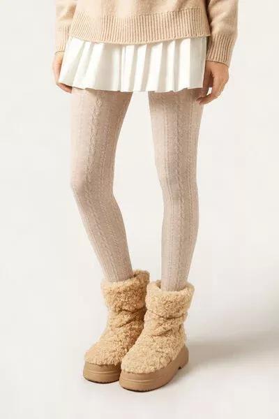Raised Cable Pattern Cashmere Tights, Cream, Ch-Braids Natural Mel., large image number 1