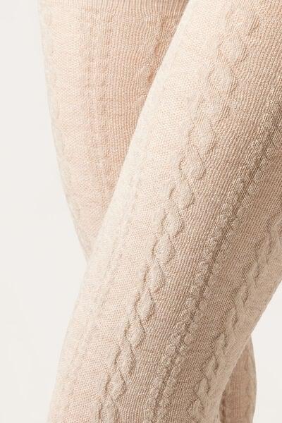 Raised Cable Pattern Cashmere Tights, Cream, Ch-Braids Natural Mel., large image number 2