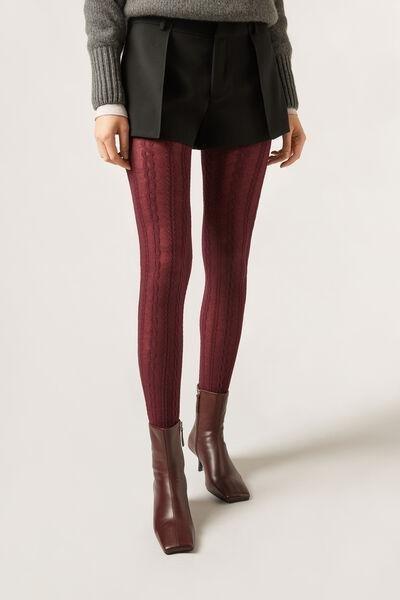 Raised Cable Pattern Cashmere Tights, Burgundy, 5501_5397, large image number 0
