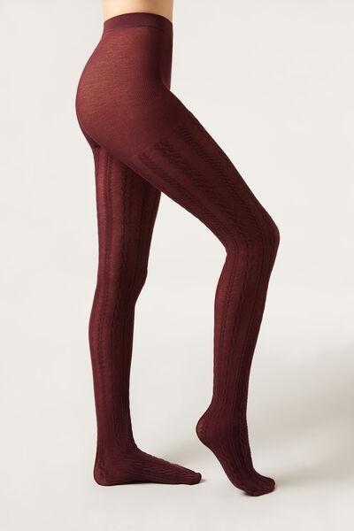 Raised Cable Pattern Cashmere Tights, Burgundy, 5501_5397, medium