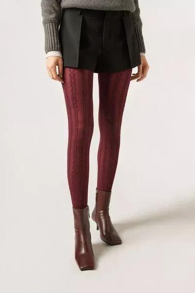 Raised Cable Pattern Cashmere Tights, Burgundy, 5501_5397, large image number 1