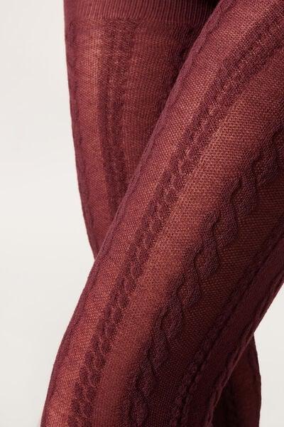 Raised Cable Pattern Cashmere Tights, Burgundy, 5501_5397, large image number 2