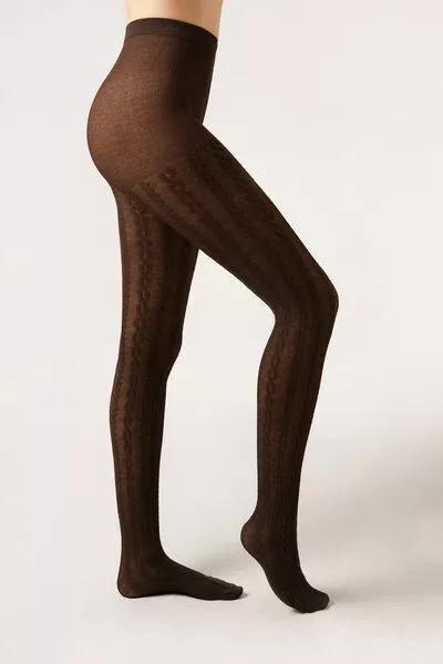 Raised Cable Pattern Cashmere Tights, Brown, 5501_5492, large image number 0