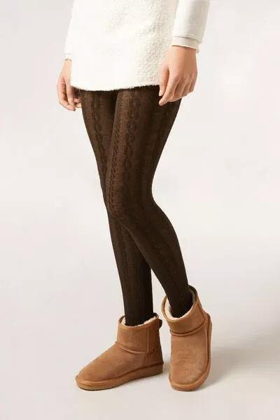 Raised Cable Pattern Cashmere Tights, Brown, 5501_5492, large image number 1
