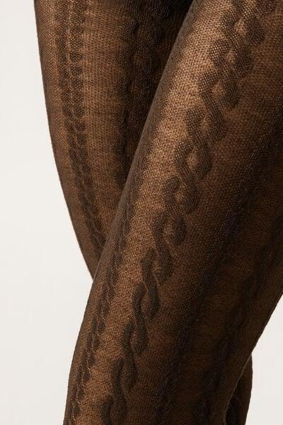 Raised Cable Pattern Cashmere Tights, Brown, 5501_5492, large image number 2