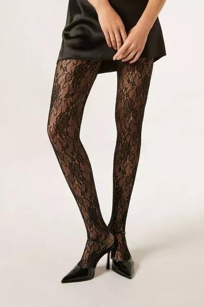 Floral Pattern Lace Tights, Black, 5501_095F, medium
