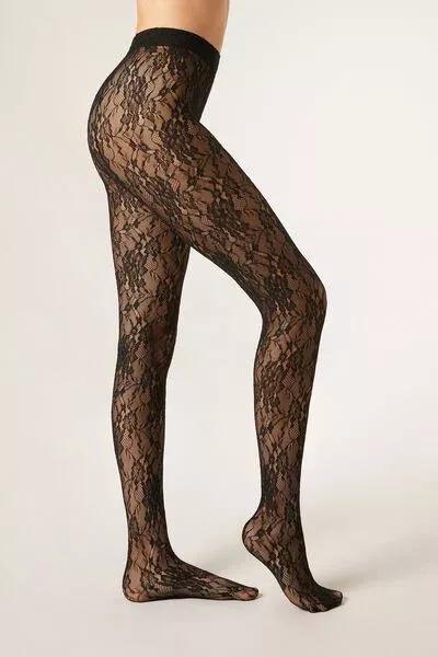 Floral Pattern Lace Tights, Black, 5501_095F, large image number 1
