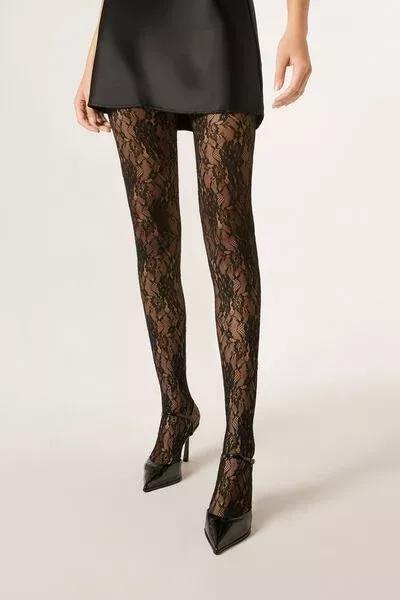 Floral Pattern Lace Tights, Black, 5501_095F, large image number 2