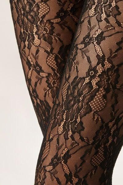 Floral Pattern Lace Tights, Black, 5501_095F, large image number 3