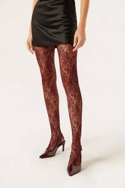 Floral Pattern Lace Tights, Burgundy, 5501_139F, medium