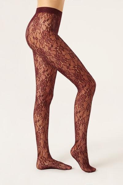 Floral Pattern Lace Tights, Burgundy, 5501_139F, medium
