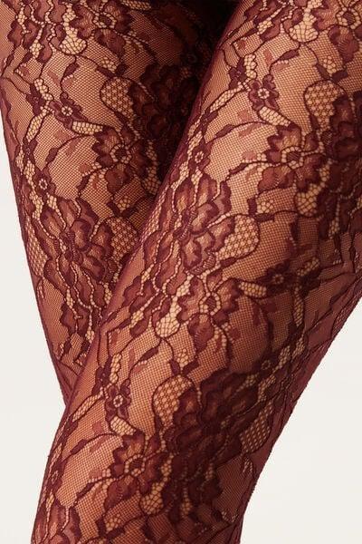Floral Pattern Lace Tights, Burgundy, 5501_139F, large image number 2