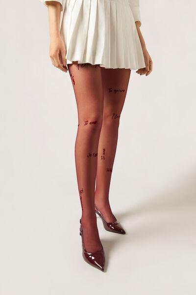 30 Denier I Love You Lettering Sheer Tights, Burgundy', 5501_5503, large image number 0
