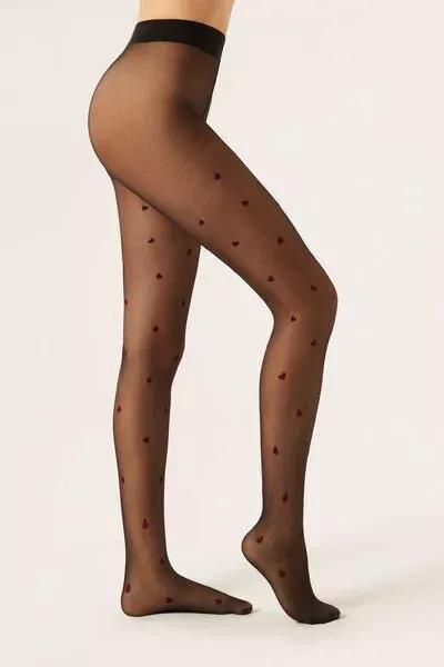 30 Denier All-Over Flock Heart Sheer Tights, Black, 5501_503, large image number 0