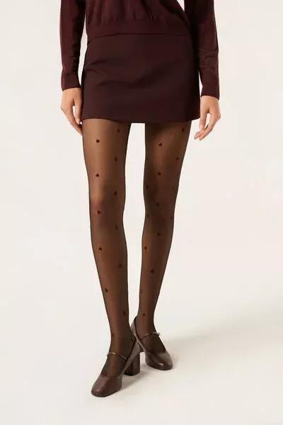 30 Denier All-Over Flock Heart Sheer Tights, Black, 5501_503, large image number 1