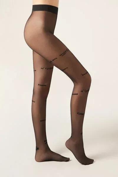 30 Denier Printed Sheer Tights, Black, 5501_5231, large image number 0