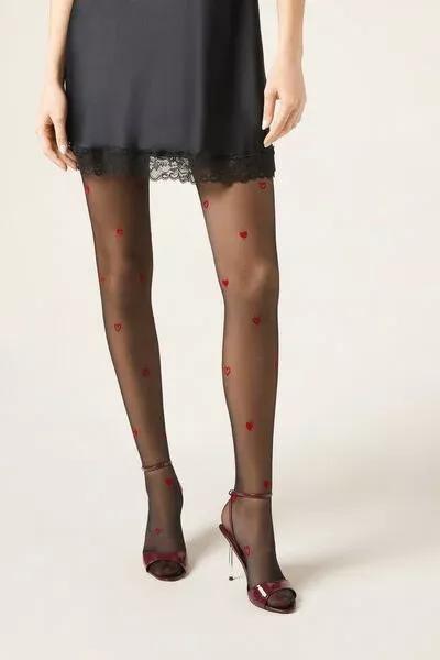 30 Denier Heart Sheer Tights, Black/Red, 5501_5354, large image number 1