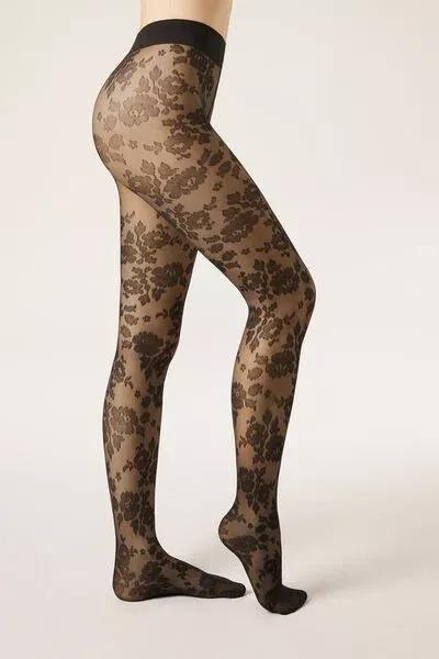 Floral Patterned Sheer Tights, Black, 5501_5239, large image number 0