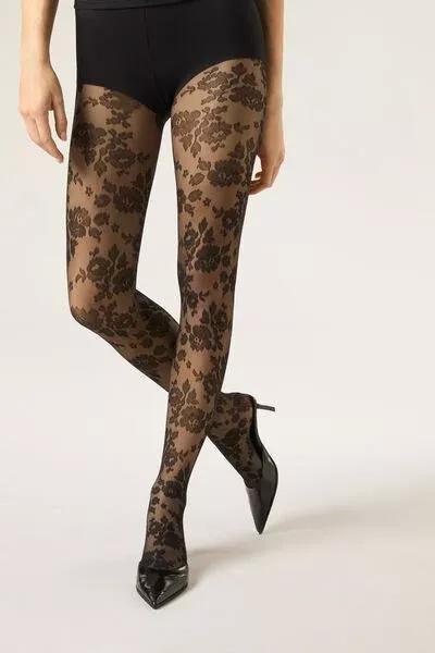 Floral Patterned Sheer Tights, Black, 5501_5239, large image number 1