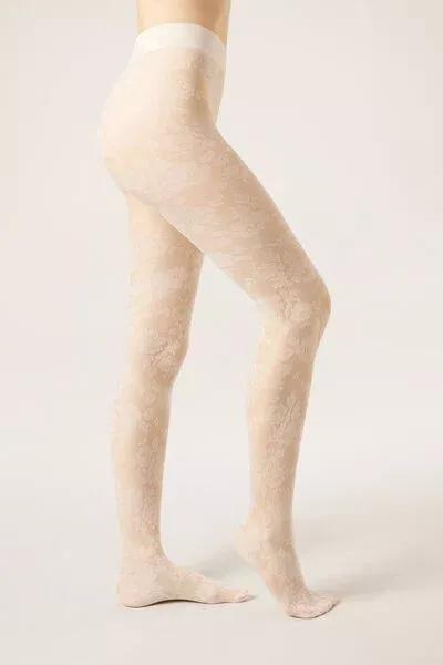 Floral Patterned Sheer Tights, White, 5501_5240, large image number 0