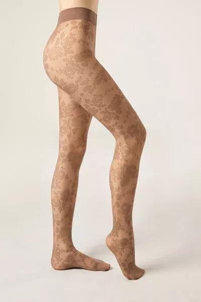 Floral Patterned Sheer Tights, Beige, 5501_5531, large image number 0