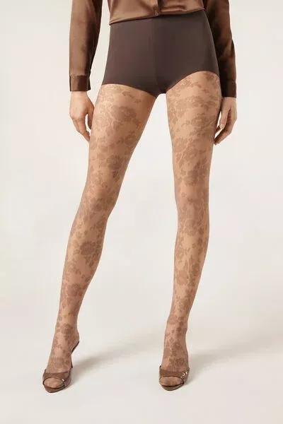 Floral Patterned Sheer Tights, Beige, 5501_5531, large image number 1