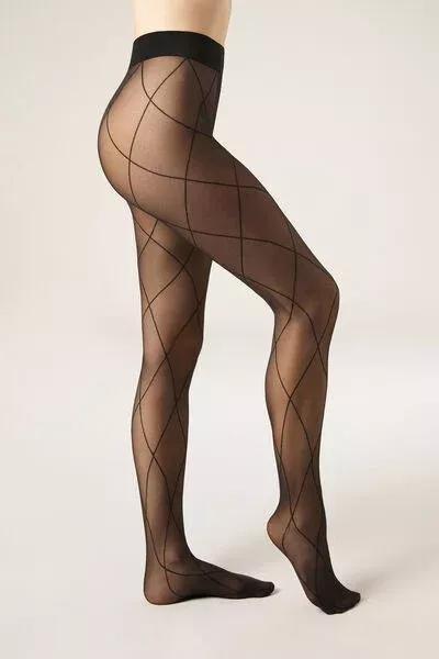 30 Denier Sheer Diamond Patterned Tights, Black, Black, large image number 0
