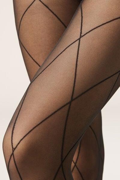 30 Denier Sheer Diamond Patterned Tights, Black, Black, large image number 2