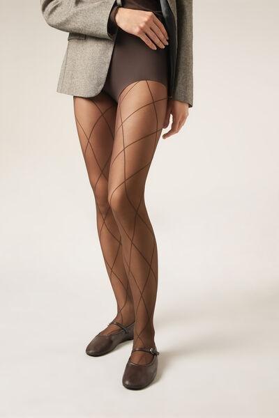30 Denier Sheer Diamond Patterned Tights, Brown, Dark Brown, medium